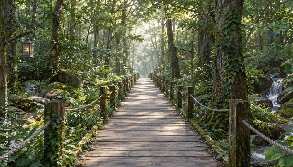 Obraz premium Peaceful wooden pathway through lush green forest with flowing stream