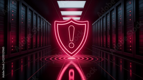Glowing cybersecurity shield with warning symbol inside a modern data server room