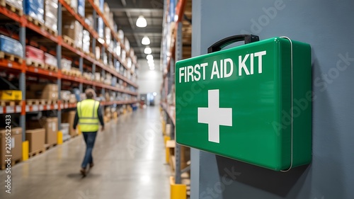 First aid kit mounted in a modern warehouse for workplace safety