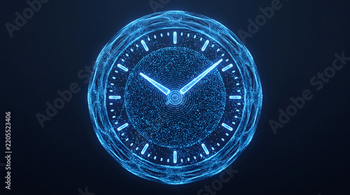 Futuristic glowing particle clock representing time, precision, deadlines, schedules, productivity, and digital timekeeping
