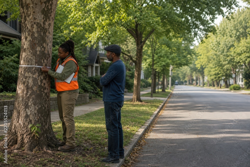 Fototapeta premium Urban tree inventory technician measuring a trunk while a resident observes