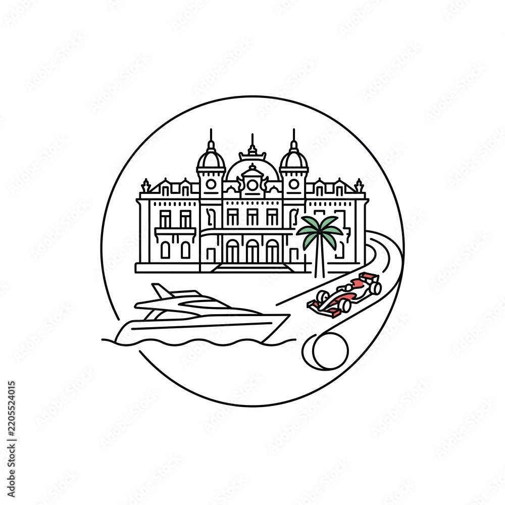 Obraz premium Circular line-art vector illustration featuring iconic symbols of Monaco: the casino, an F1 car, a yacht, and a palm tree