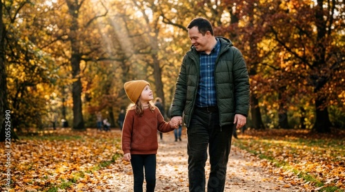 Father and daughter walking together in autumn park.