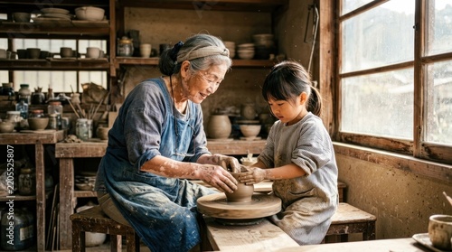Elderly Japanese woman teaching a young girl pottery in a traditional workshop.