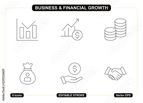 Minimalist line art business and financial growth icons featuring graphs coins money bag handshake and savings symbols for corporate ui with growth concepts professional