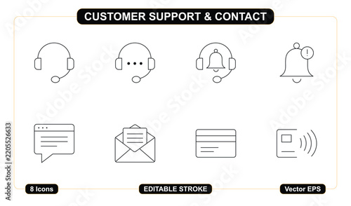 Minimalist customer support and contact icon vector pack featuring editable stroke symbols for communication and business services