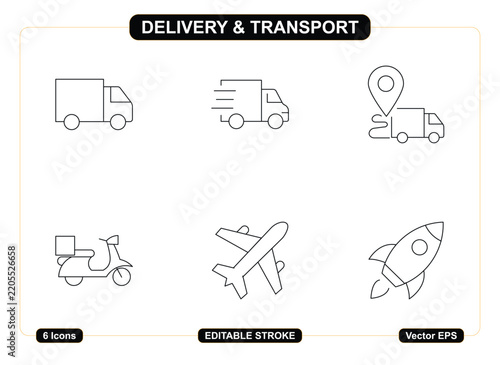 Minimalist delivery and transport editable stroke icons featuring trucks scooter airplane and rocket vectors for logistics business communication