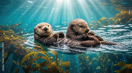 Sea otter pair floating on water surface. Cute marine mammals swimming underwater in a kelp forest. Sunlight filtering through ocean waves. Wildlife photography for nature conservation projects