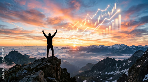 Hiker on Mountain Peak with Financial Success Chart