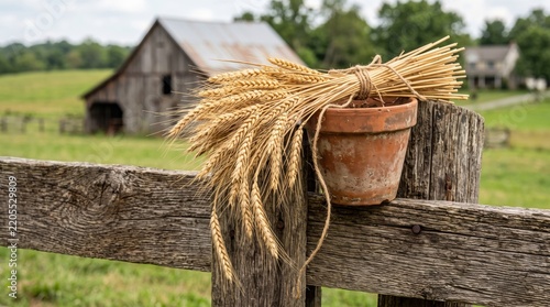 Wheat bundle and terracotta pot on a wooden fence. Rural farm landscape with weathered barn in the background. Natural daylight and rustic harvest theme for agricultural and local food projects