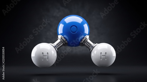 Water molecule chemical structure 3D render. Blue oxygen atom and two white hydrogen atoms connected by metallic bonds. Scientific education and research concept illustration backdrop