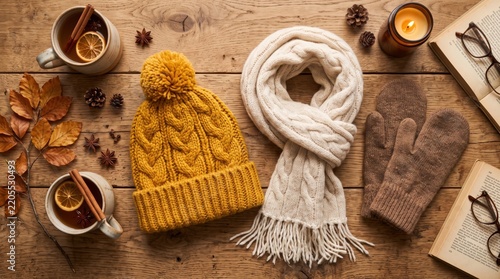 Cozy autumn flat lay with a yellow knit beanie. White winter scarf. Brown mittens. Warm tea cups with cinnamon and dried oranges. Open books and glowing candle on a rustic wooden table background