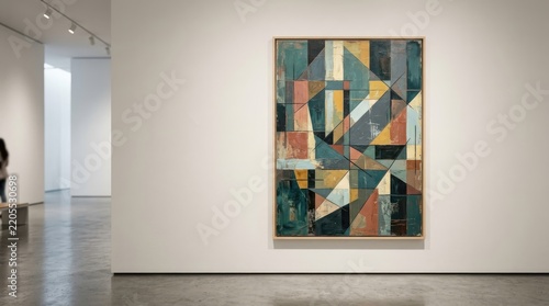 A museum displays a large, abstract painting on a white wall. A person stands in front of the artwork, observing it.