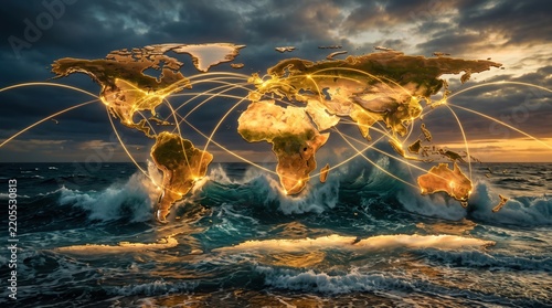 Global network connection map over ocean waves. Glowing city lights and digital data transfer lines. International communication and logistics infrastructure concept photo for corporate websites