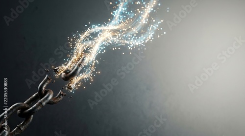 A broken chain bursts into a stream of sparkling light. The chain is dark and metallic, with links separating and shattering.