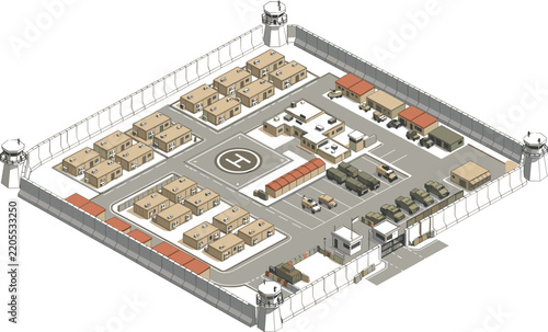 Isometric military base vector illustration featuring fortified compound walls watchtowers barracks vehicles and helipad landing zone