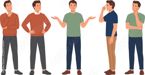 Thinking Young Man Vector Character Set with Poses for Doubting Problem Solving Shrugging and Making Decisions in Casual Outfits for Business Marketing Designs