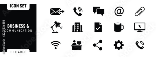 Set of business and communication icons, professional vector symbols for office, corporate, web, and digital marketing design projects