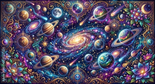Maximalist cosmic universe illustration