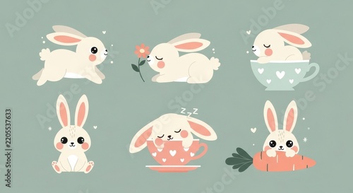 Cute Cartoon Rabbits in Various Playful Poses.