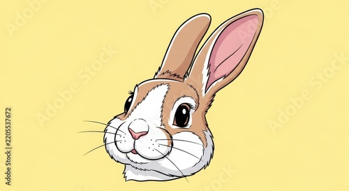 Cute cartoon rabbit head illustration on yellow background.