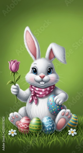 Cute Easter Bunny Holding Pink Rose with Colorful Eggs.