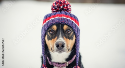 Cute dog wearing colorful winter knit hat outdoors.