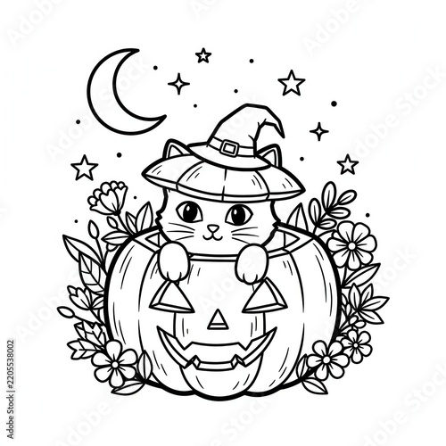 Cute Cat in Jack O Lantern Witch Hat Halloween Illustration.