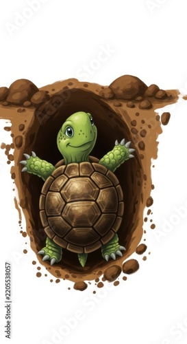 Cute cartoon turtle emerging from cracked eggshell.