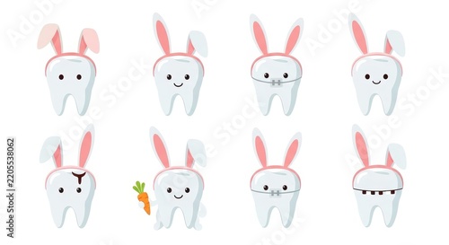 Cute cartoon teeth with bunny ears and carrot illustration.