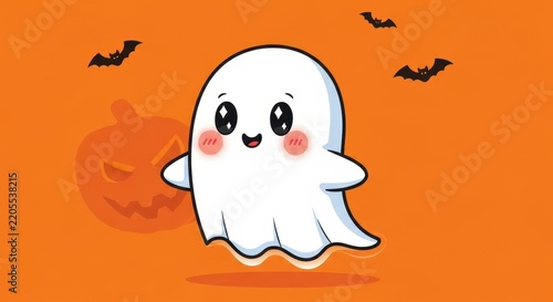 Cute Ghost with Bats on Orange Halloween Background.