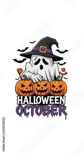 Cute Ghost with Pumpkins Halloween October Illustration.