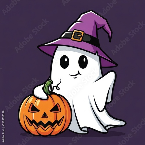 Cute Ghost with Witch Hat and Jack O Lantern for Halloween.