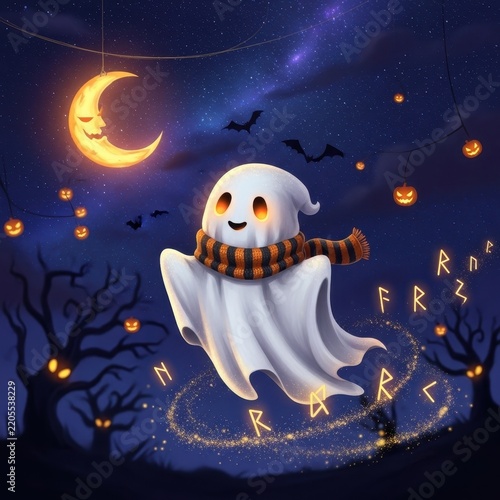 Cute Ghost with Scarf Floating in Halloween Night Scene.
