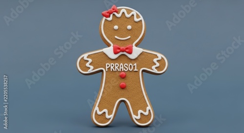 Cute gingerbread man cookie with red bow tie.