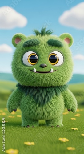 Cute Green Furry Monster Character in Sunny Meadow.