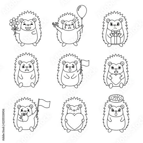 Cute Hedgehog Characters Holding Various Objects Line Art.