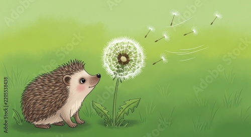 Cute hedgehog admiring a blooming dandelion in spring meadow.