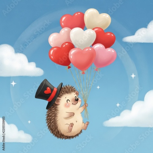 Cute hedgehog holding heart balloons in blue sky.