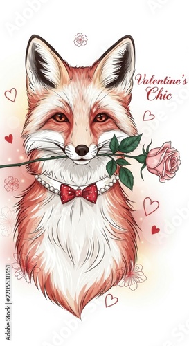 Cute Fox Holding Rose for Valentines Day Illustration.
