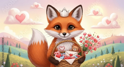 Cute Fox Holding Valentine Bouquet in Nature Scene.