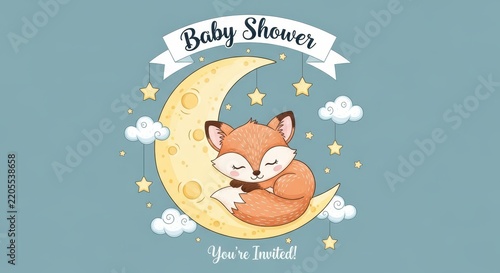 Cute Fox Sleeping on Crescent Moon for Baby Shower.