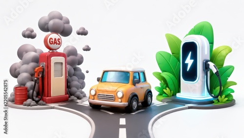 Yellow Car at Crossroad Between Polluting Gas Station and Green Eco Electric Charger 3D Illustration