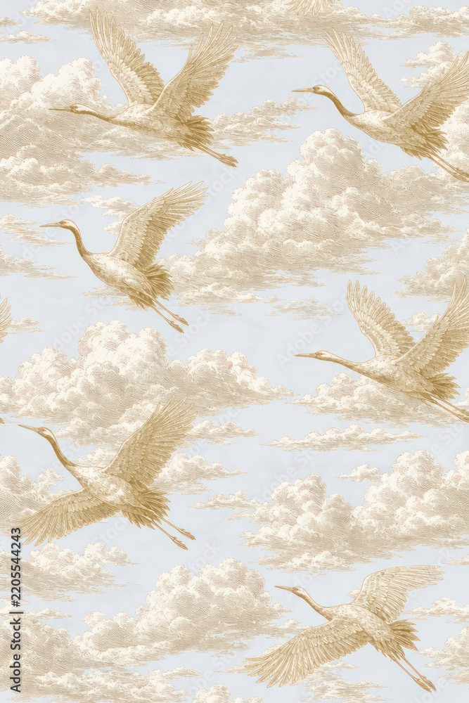 Obraz premium Elegant beige cranes flying through soft clouds on a pastel sky backdrop