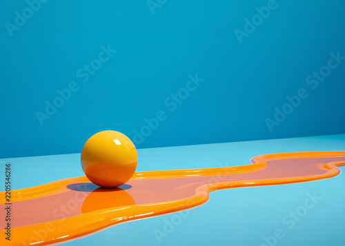 Yellow Sphere on Glossy Orange Liquid River with Blue Background, Abstract 3D Render Graphic Design