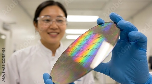 Female technician inspects silicon wafer with rainbow patterns in cleanroom Chip and microchip production chain.