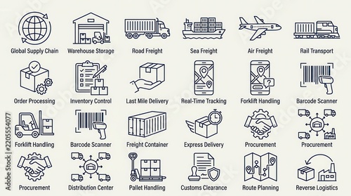 Logistics and supply chain management line icon set on a light background