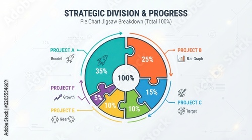 Colorful pie chart jigsaw infographic showing business project breakdown