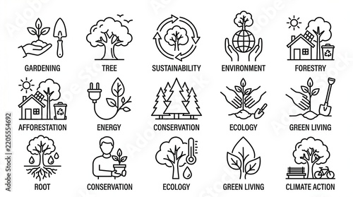 Set of environmental sustainability and tree planting line icons