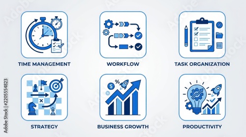 Business productivity and time management icons set on white background